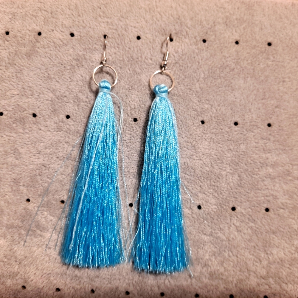 4 inch teal blue nylon tassel earrings New
